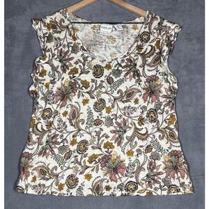 Rachel Zoe Women's Top Size XL Floral Print Linen Scoop Neck Flutter Cap Sleeves